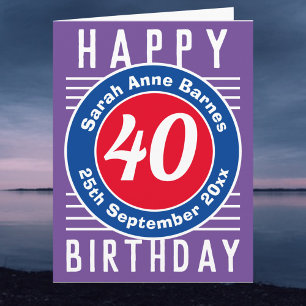 Carte d'anniversaire 40e avec âge, nom et date