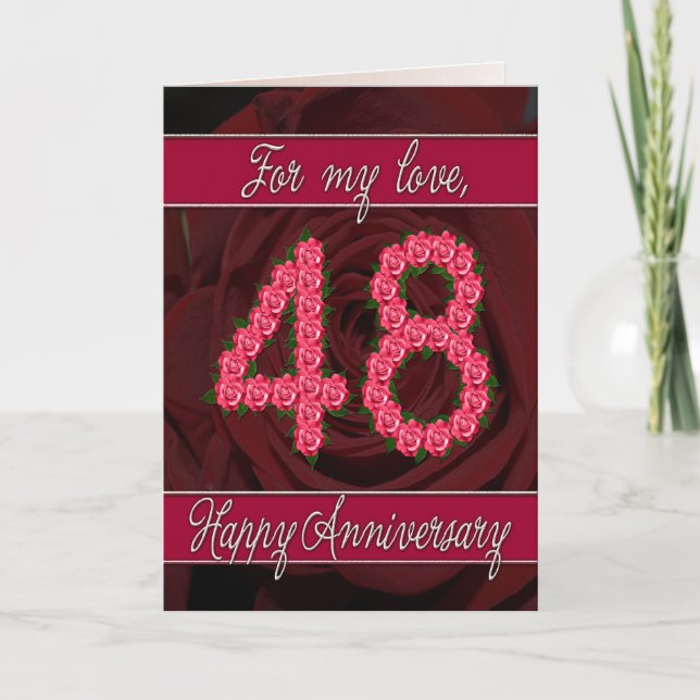 carte d'anniversaire 48 ans avec roses et feuilles (Devant)