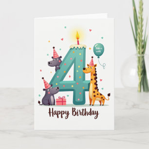 Carte d'anniversaire 4 ans Teal avec animaux