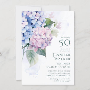 Carte d'anniversaire 50 ans avec hortensias roses