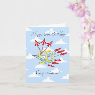 Carte d'anniversaire 50 ans Red Jet Planes Blue Sk