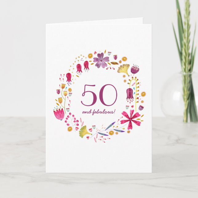 Carte d'anniversaire 50th Watercolor Flower Wreath (Devant)