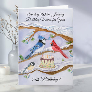 Carte d'anniversaire 55 ans oiseaux de jardin aqua