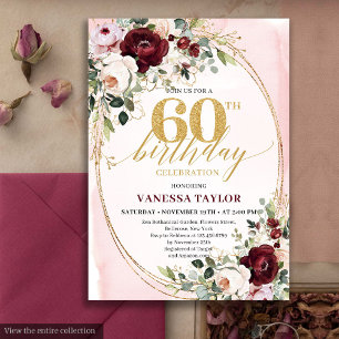 Carte d'anniversaire 60 ans ovale florale bordeaux
