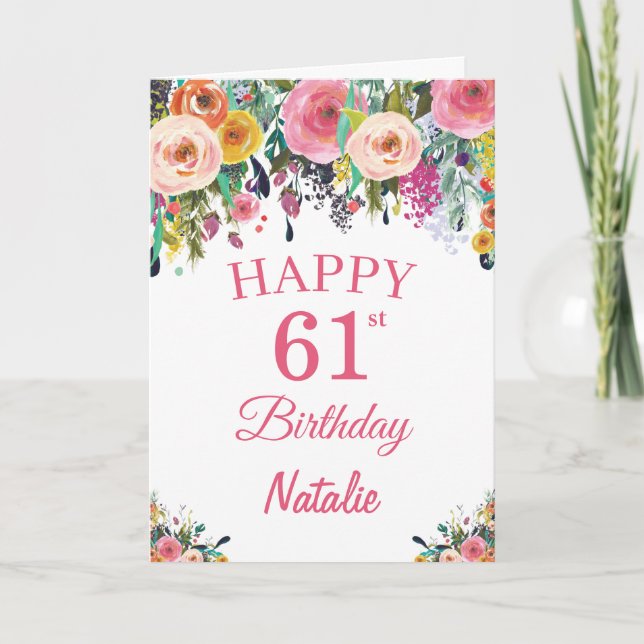 Carte d'anniversaire 61 ans aquarelle fleurs flora (Devant)