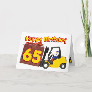 carte d'anniversaire 65 avec un chariot élévateur