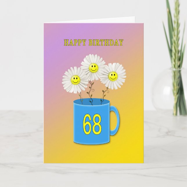 Carte d'anniversaire 68e avec fleurs joyeux et sou (Devant)