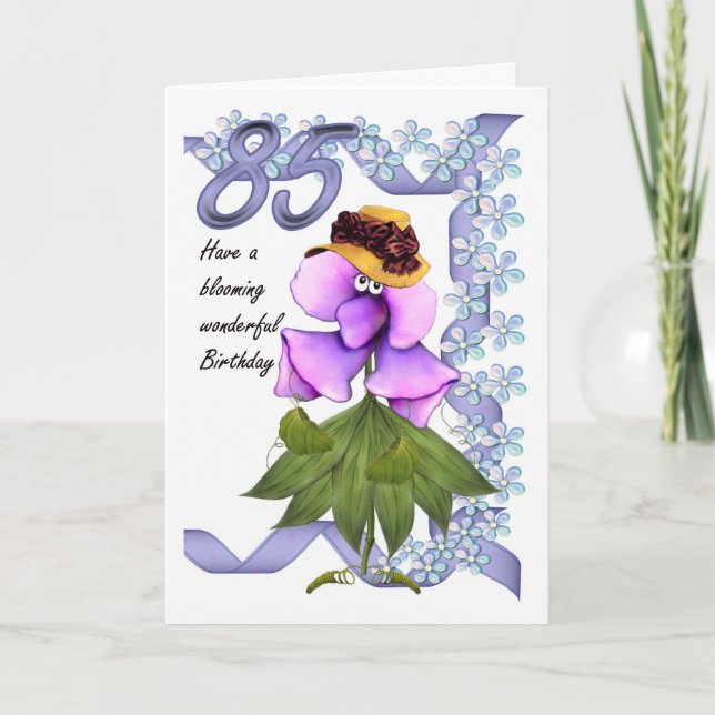 Carte d'anniversaire 85e avec lune jolies fleurs, (Devant)
