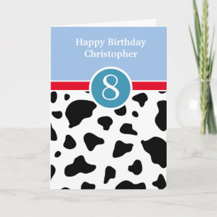 Carte d'anniversaire 8 ans à motif vache et bleu