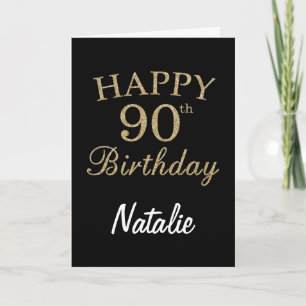 Carte d'anniversaire 90e en noir et or avec paille