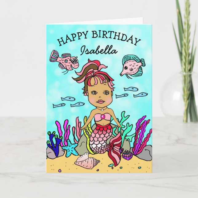 Carte d'anniversaire à thème Mermaid joyeuse (Devant)