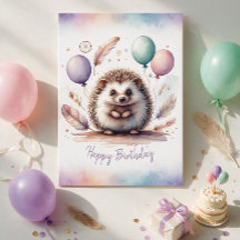 Carte d'anniversaire adorable au hérisson à l'aqua