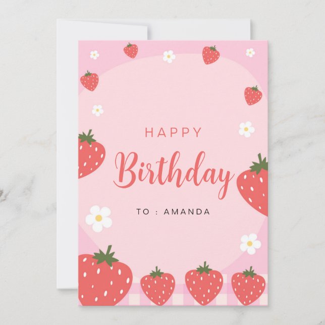 Carte d'anniversaire adorable aux fraises roses (Devant)
