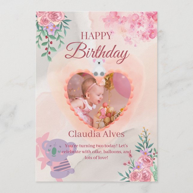 Carte d'anniversaire adorable koala et fille pour  (Devant)