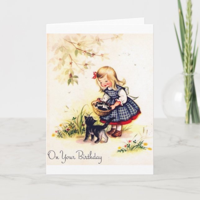 Carte d'anniversaire adorable Petite fille et chat (Devant)