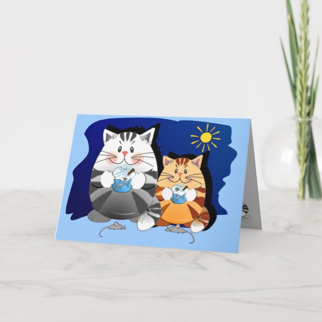 Carte d'anniversaire amusante avec des chats mange (Devant)