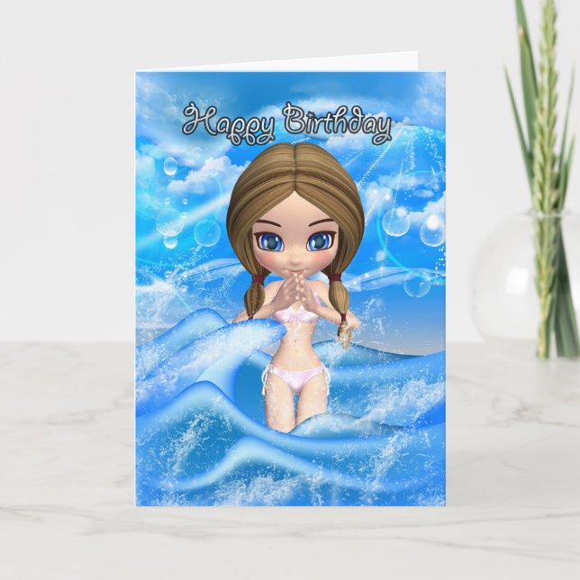 carte d'anniversaire amusante - fille nage (Devant)