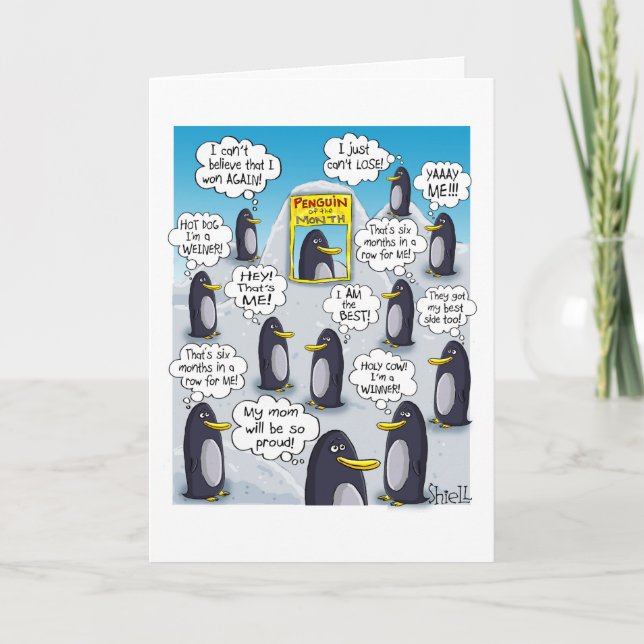 CARTE D'ANNIVERSAIRE AMUSANTE - Pingouin du mois. (Devant)