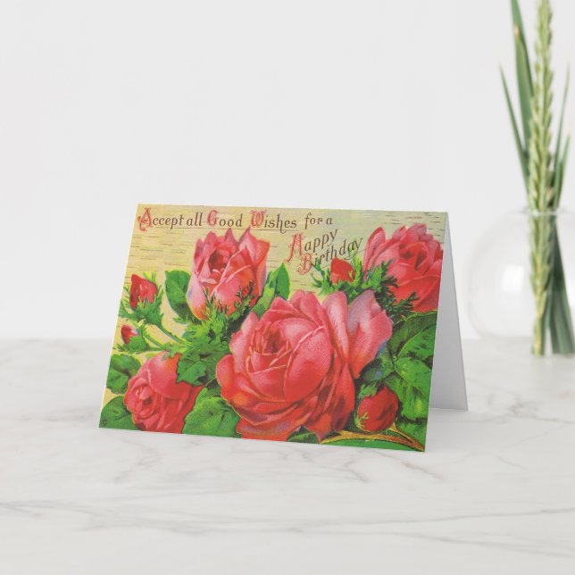 Carte d'anniversaire antique avec les roses rouges (Devant)