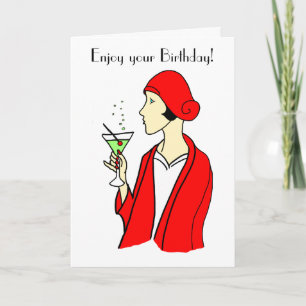 Carte d'anniversaire Art Déco Femme Casquette roug