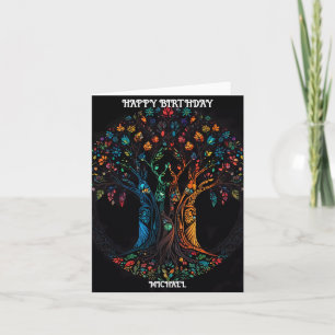 Carte d'anniversaire avec arbre en pleine couleur 