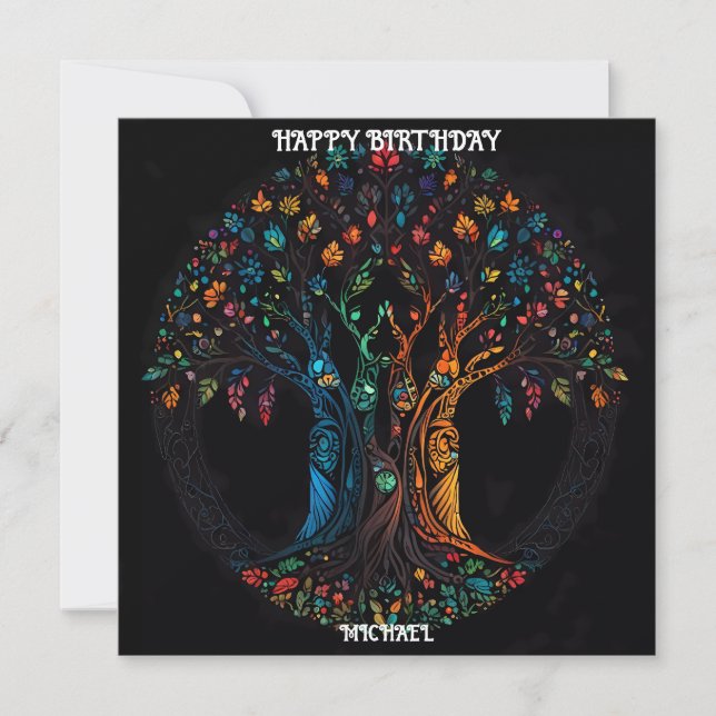 Carte d'anniversaire avec arbre en pleine couleur  (Devant)