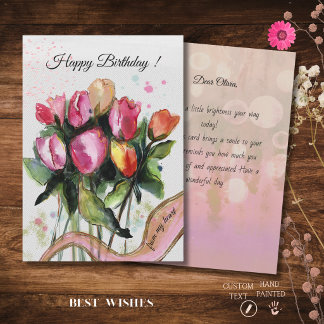 Carte d'anniversaire avec bouquet de tulipes roses