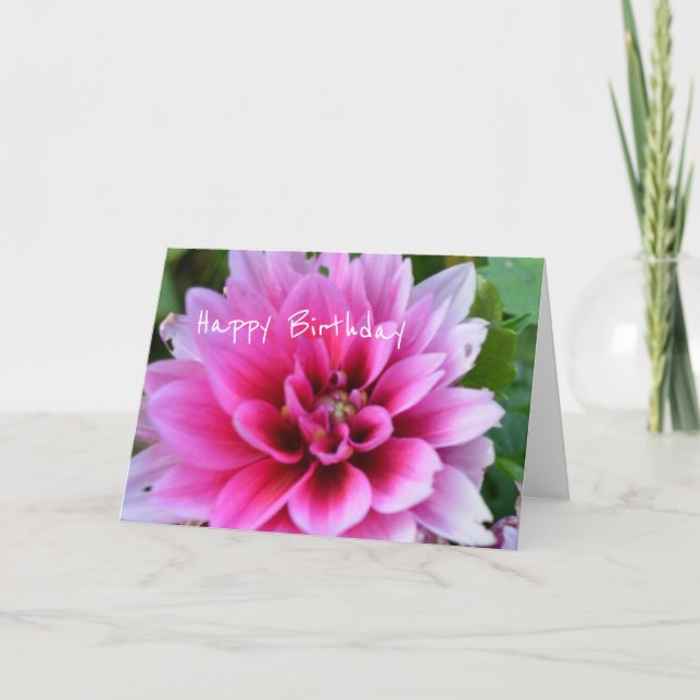 Carte d'anniversaire avec dahlia rose et blanc (Devant)