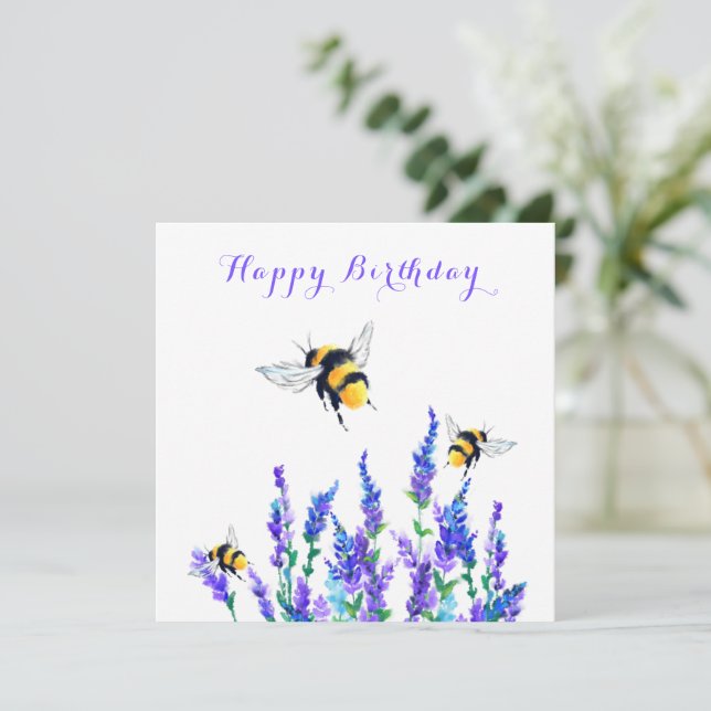 Carte d'anniversaire avec fleurs et abeilles de pr (Debout devant)