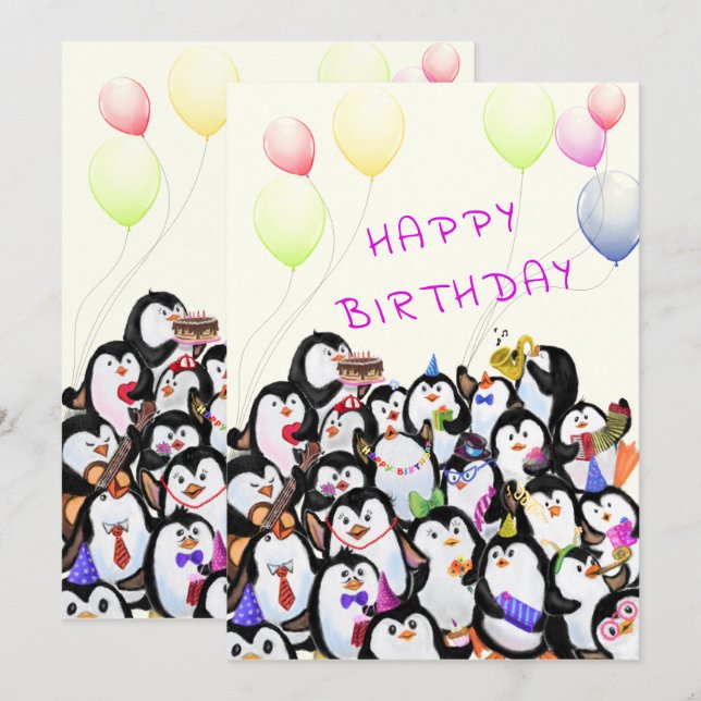 Carte d'anniversaire avec Happy Penguins Party (Devant / Derrière)