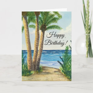 Carte d'anniversaire avec scène de plage aquarelle