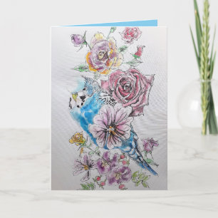 Carte d'anniversaire Blue Budgie Bird Rose Waterco
