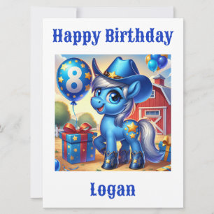 Carte d'anniversaire Blue Cowboy Pony 8 ans