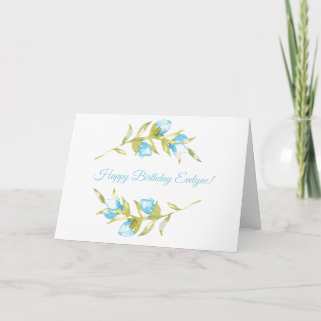 Carte d'anniversaire Blue Rosebud Stems Watercolor (Devant)
