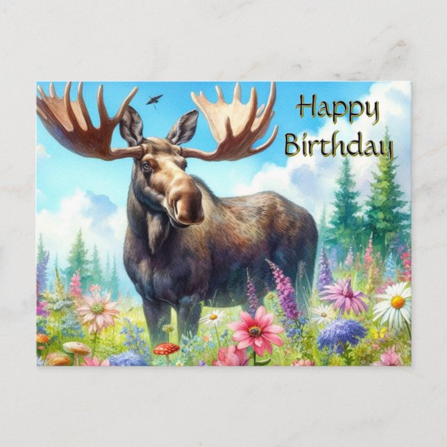 Carte d'anniversaire Bull Moose et Fleurs sauvages (Devant)