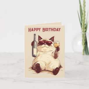 Carte d'anniversaire Chat et Bouteille de Vin