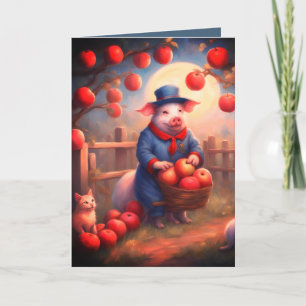 Carte d'anniversaire Cochon et Chaton cueilleur de