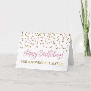 Carte d'anniversaire Confetti Soeur en or rose