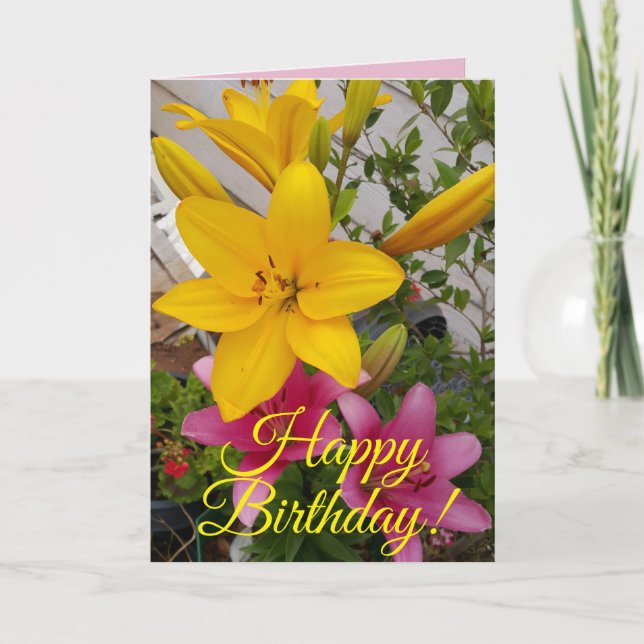 Carte d'anniversaire couleur rose Lily floral (Devant)