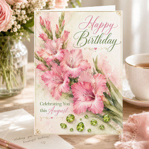 Carte d'anniversaire d'août avec Glaïeul rose et P