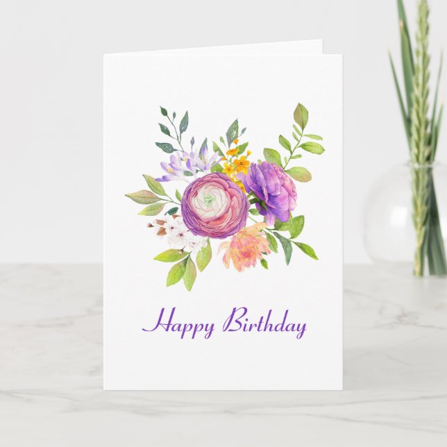 Carte d'anniversaire d'aquarelle florale pourpre (Devant)