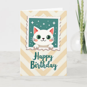 Carte d'anniversaire de chat blanc joyeux