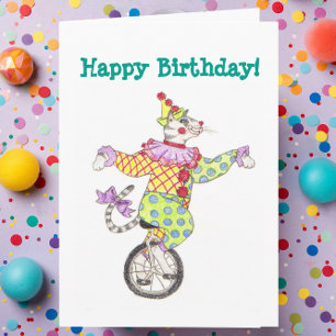 Carte d'anniversaire de chat de clown de monocycle