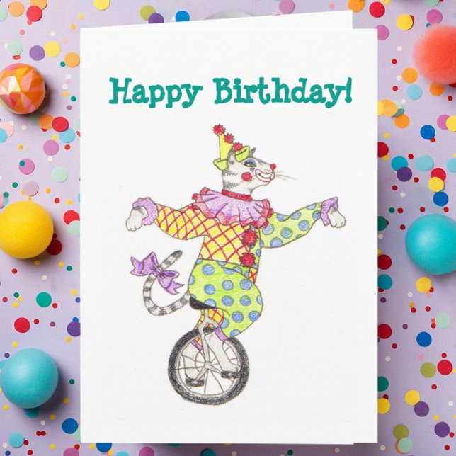 Carte d'anniversaire de chat de clown de monocycle (Créateur téléchargé)