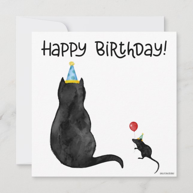 Carte d'anniversaire de chat et de souris peinte à (Devant)