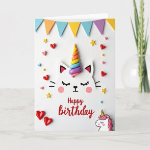 Carte d'anniversaire de chat licorne arc-en-ciel