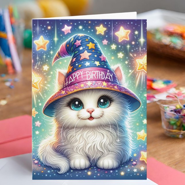 Carte d'anniversaire de chat magique (Birthday card with a cute cat in a wizard hat.)