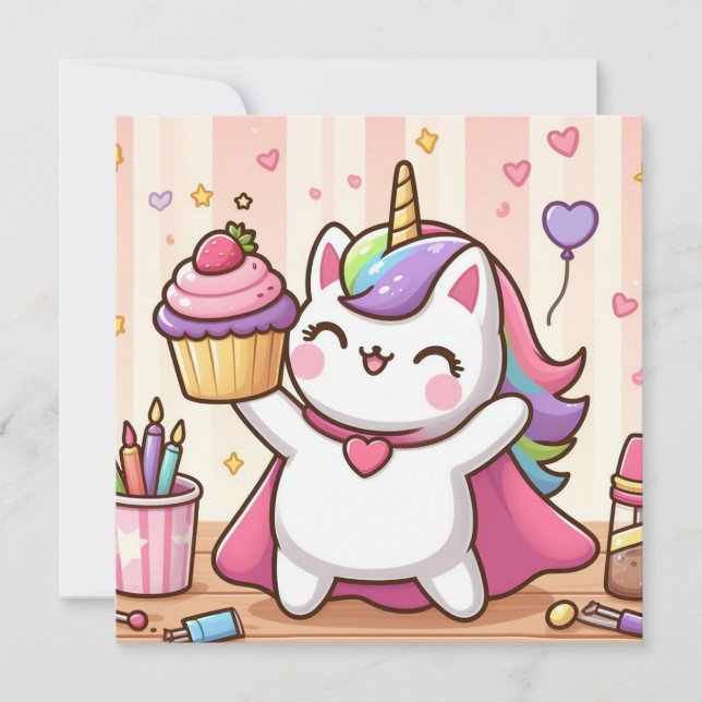 Carte d'anniversaire de chat Unicorn mignonne (Devant)