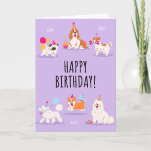 Carte d'anniversaire de chien illustratif pourpre