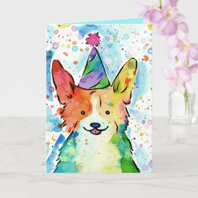 Carte d'anniversaire de Corgi aquarelle (Orchidée)